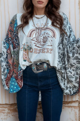 Peace Desert Graphic Asymmetric Printed Patchwork Sleeve Top - MyEmpired