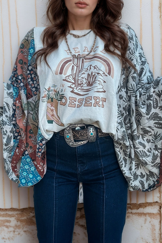 Peace Desert Graphic Asymmetric Printed Patchwork Sleeve Top - MyEmpired