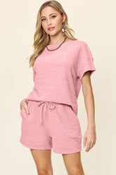 Double Take Full Size Texture Short Sleeve T-Shirt and Drawstring Shorts Set - MyEmpired