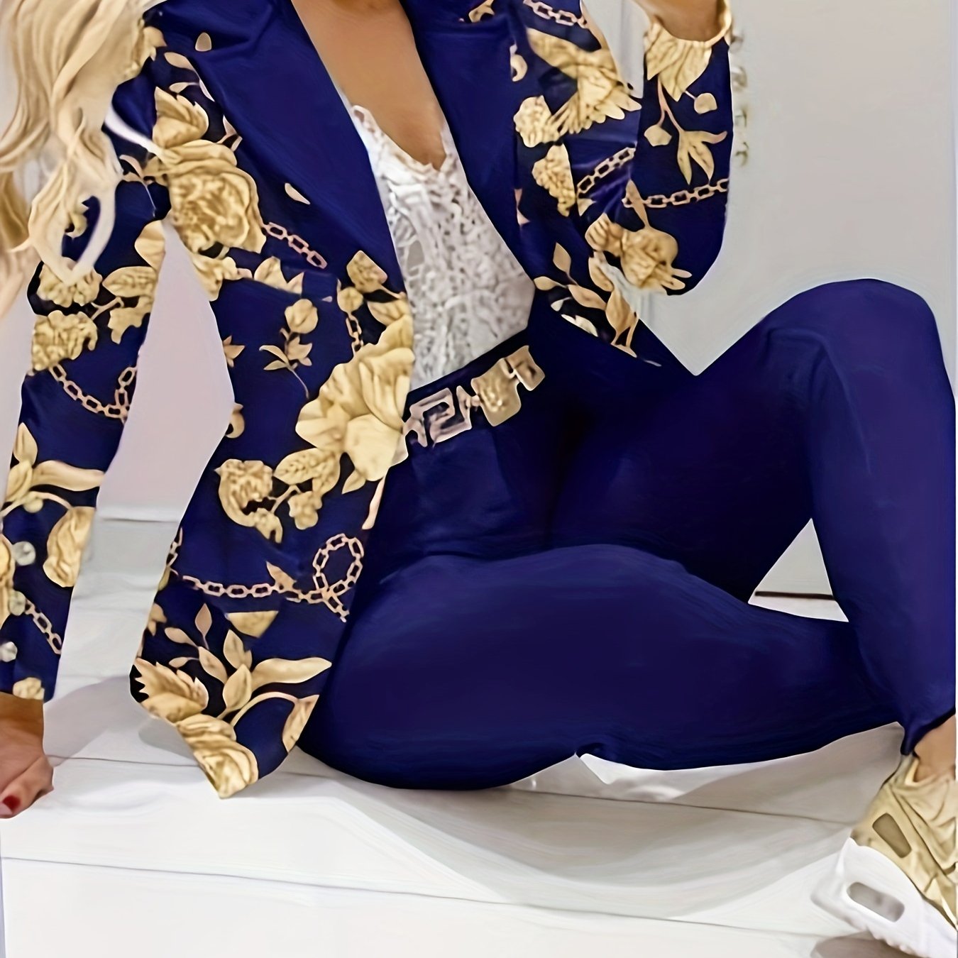 Floral Print Elegant Suit Set, Double Breasted Blazer & Slim Fit Pants Outfits, Women&