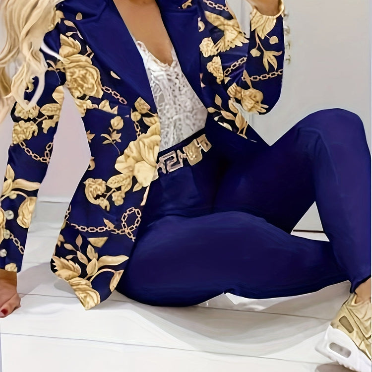 Floral Print Elegant Suit Set, Double Breasted Blazer & Slim Fit Pants Outfits, Women&