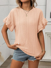 Eyelet Round Neck Flounce Sleeve Top - MyEmpired