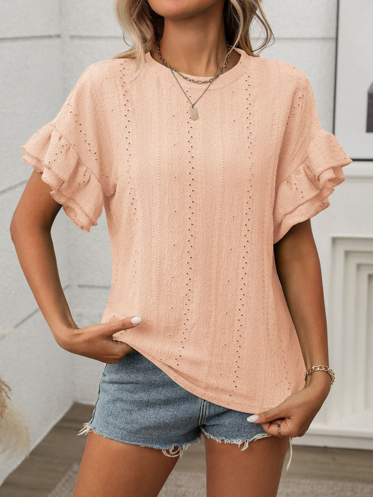 Eyelet Round Neck Flounce Sleeve Top - MyEmpired
