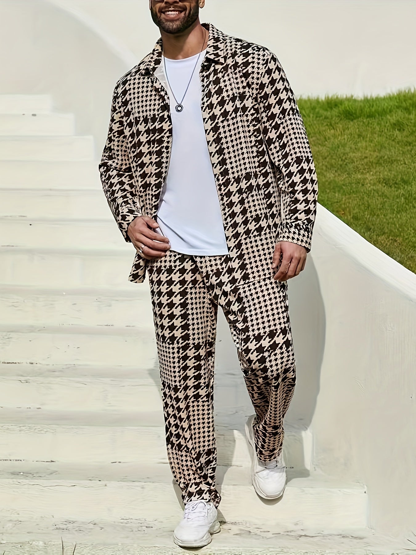 Men's Casual Houndstooth Print Outfit - Polyester, Machine Washable, Non-Stretch Fabric with Lapel Collar Shirt & Pants Set