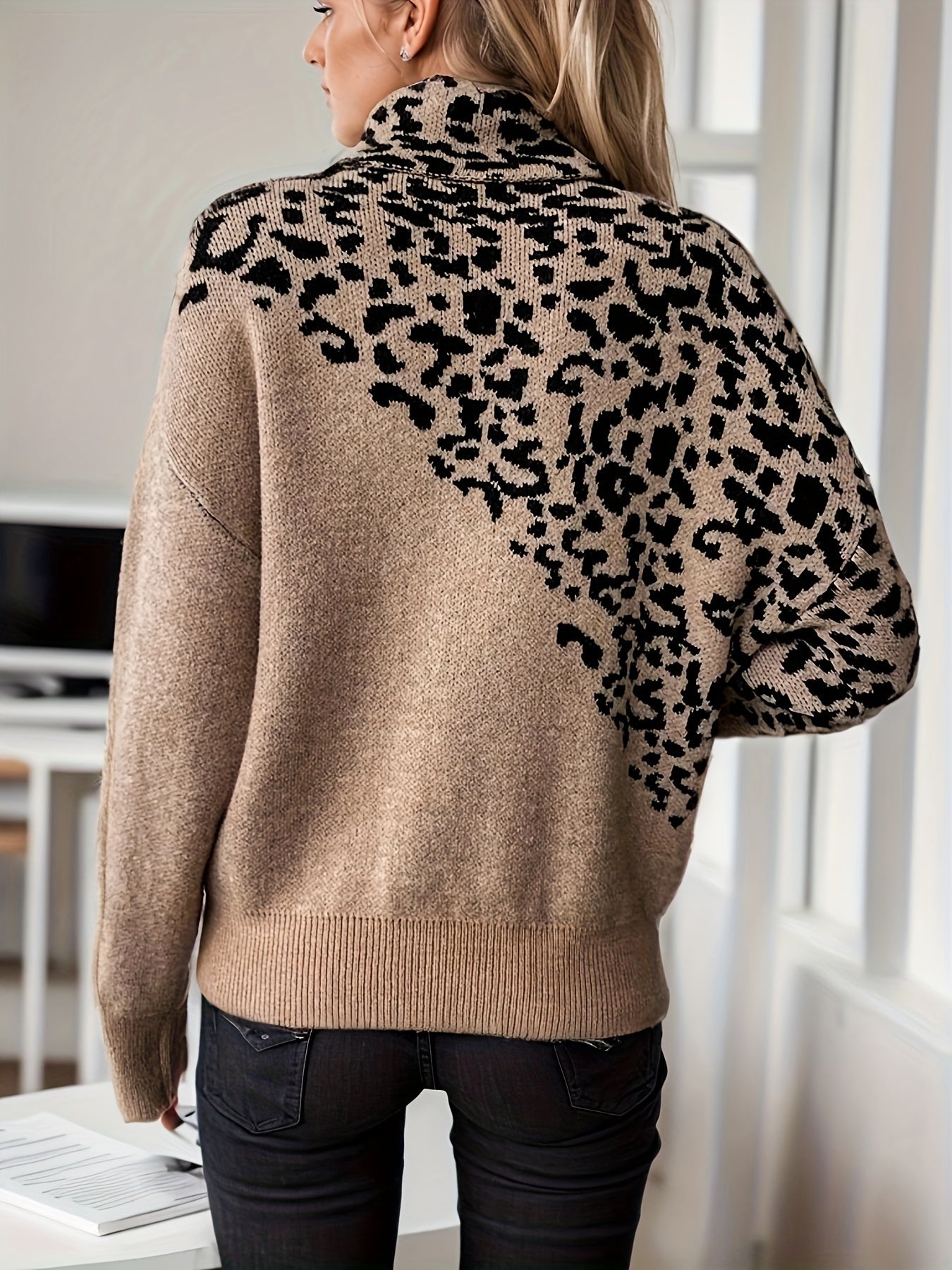 Elegant Leopard Print Turtleneck Sweater for Women - Cozy Long Sleeve Pullover with Drop Shoulder Design, Perfect for Fall/Winter