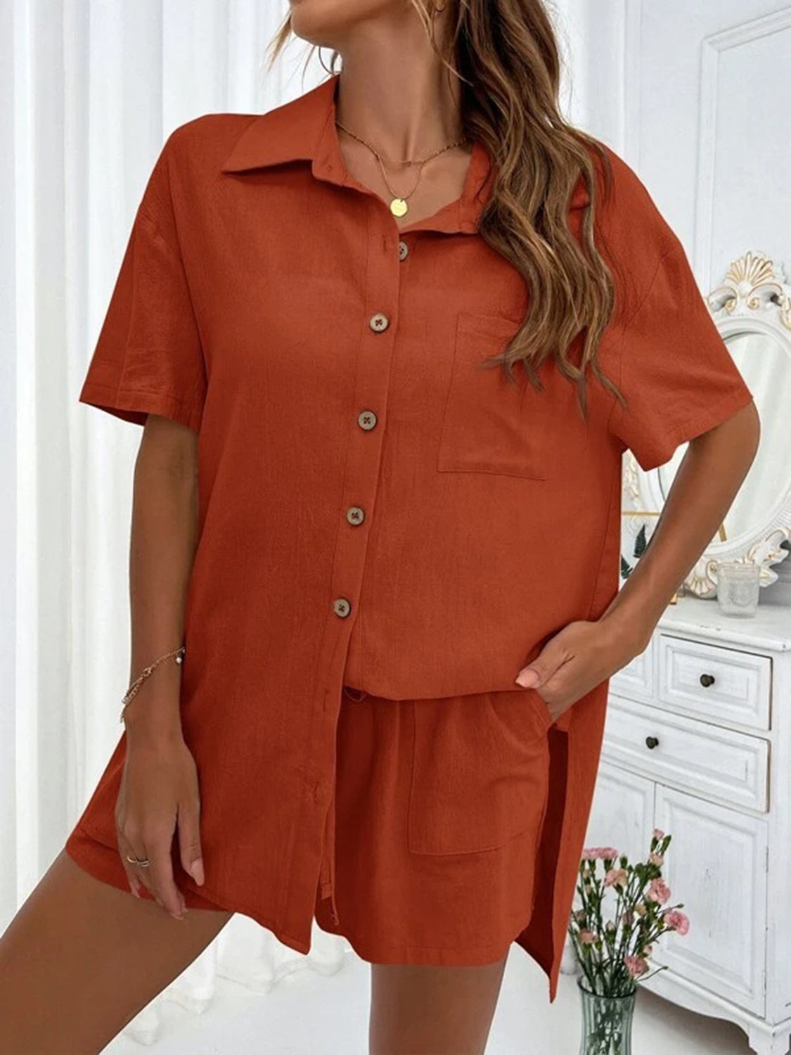 Button Up Shirt and Drawstring Shorts Set - MyEmpired