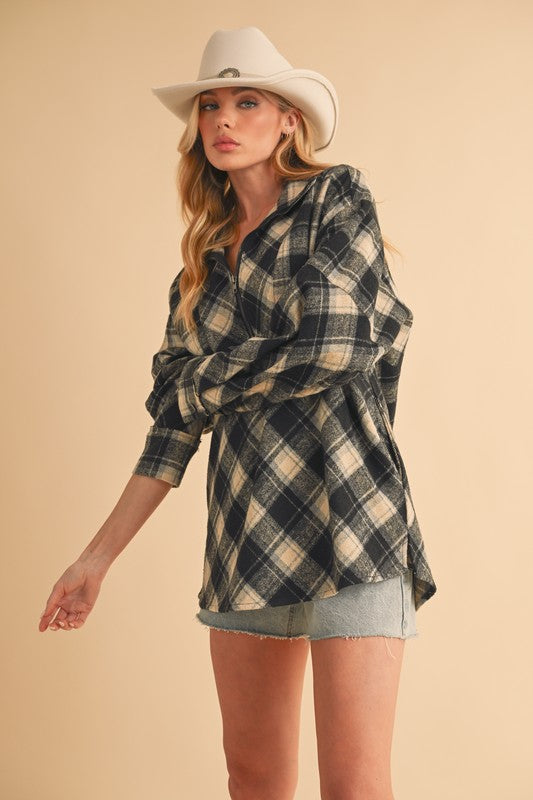 Aemi + Co Slit Plaid Half Zip Drop Shoulder Top - MyEmpired