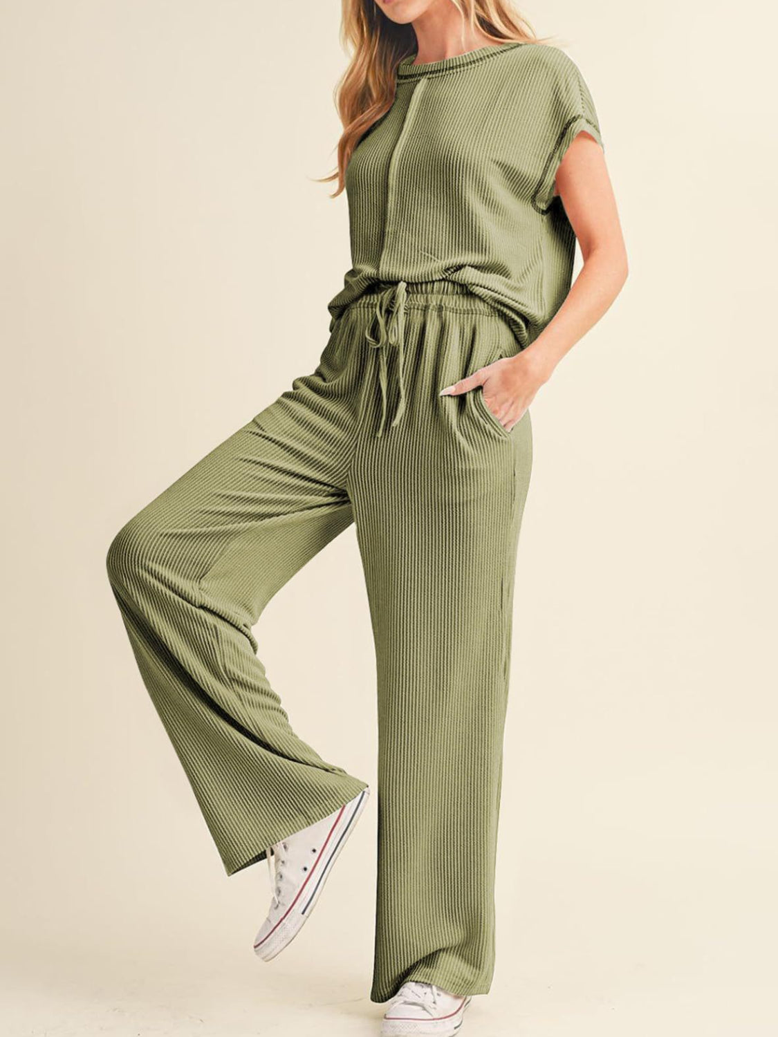 Ribbed Exposed Seam Top and Pants Set - MyEmpired