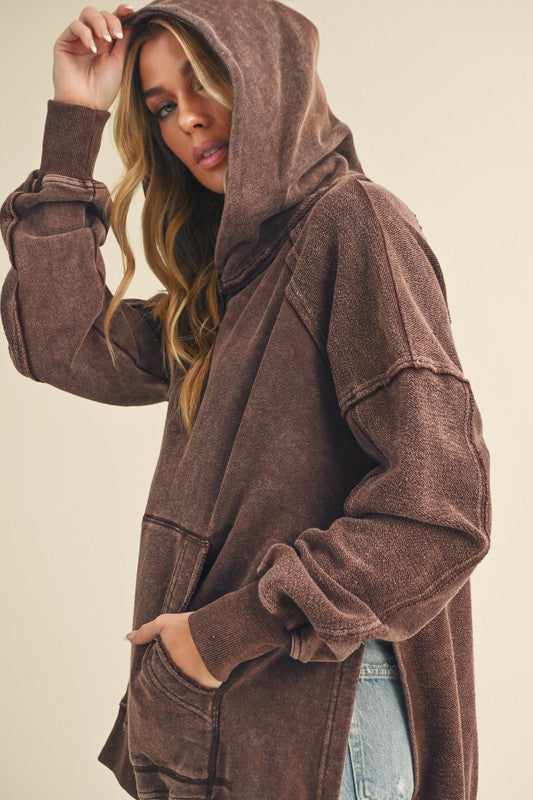 Aemi + Co Exposed Seam Side Slit Hoodie with Kangaroo Pocket - MyEmpired