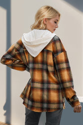 Double Take Drawstring Plaid Long Sleeve Hooded Shacket - MyEmpired