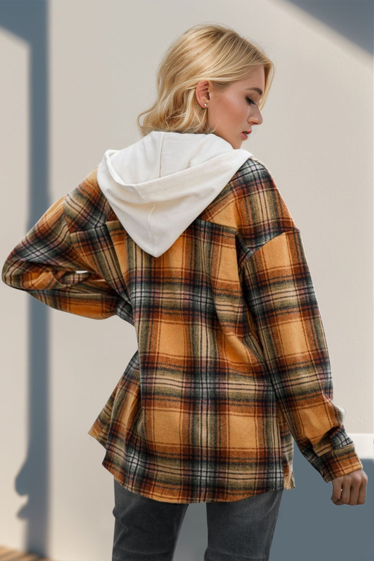 Double Take Drawstring Plaid Long Sleeve Hooded Shacket - MyEmpired
