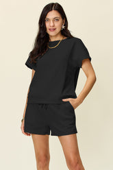 Double Take Full Size Texture Short Sleeve T-Shirt and Drawstring Shorts Set - MyEmpired