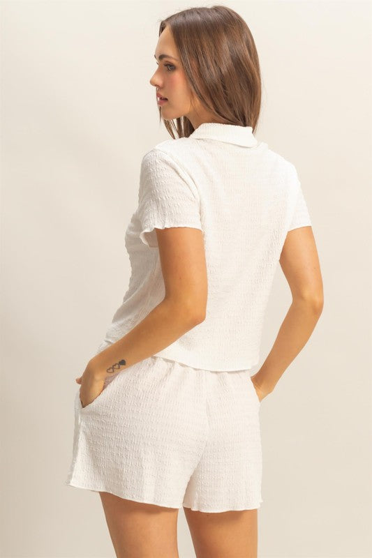 HYFVE Textured Short Sleeve Top and Drawstring Shorts Knit Set - MyEmpired
