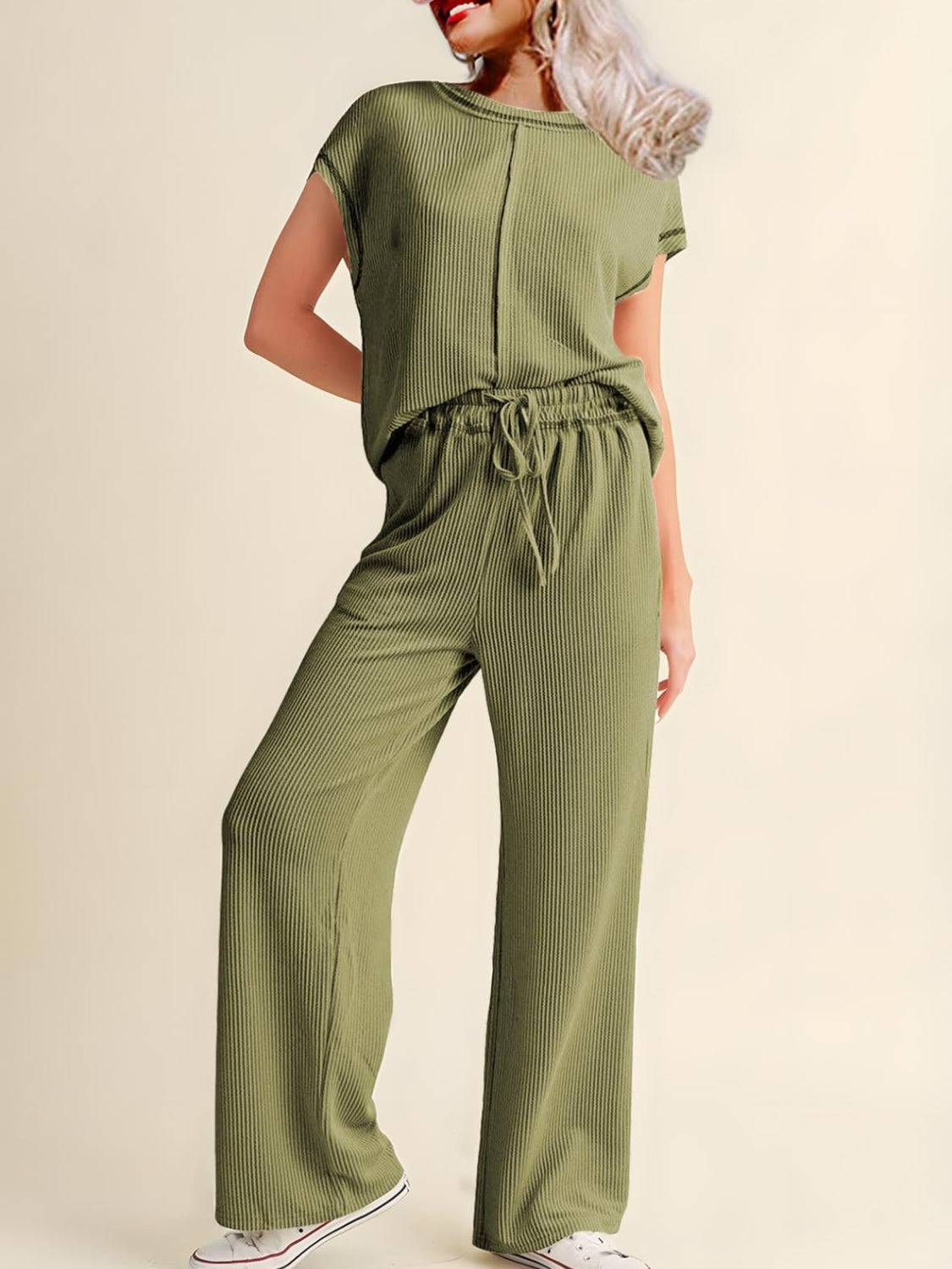 Ribbed Exposed Seam Top and Pants Set - MyEmpired