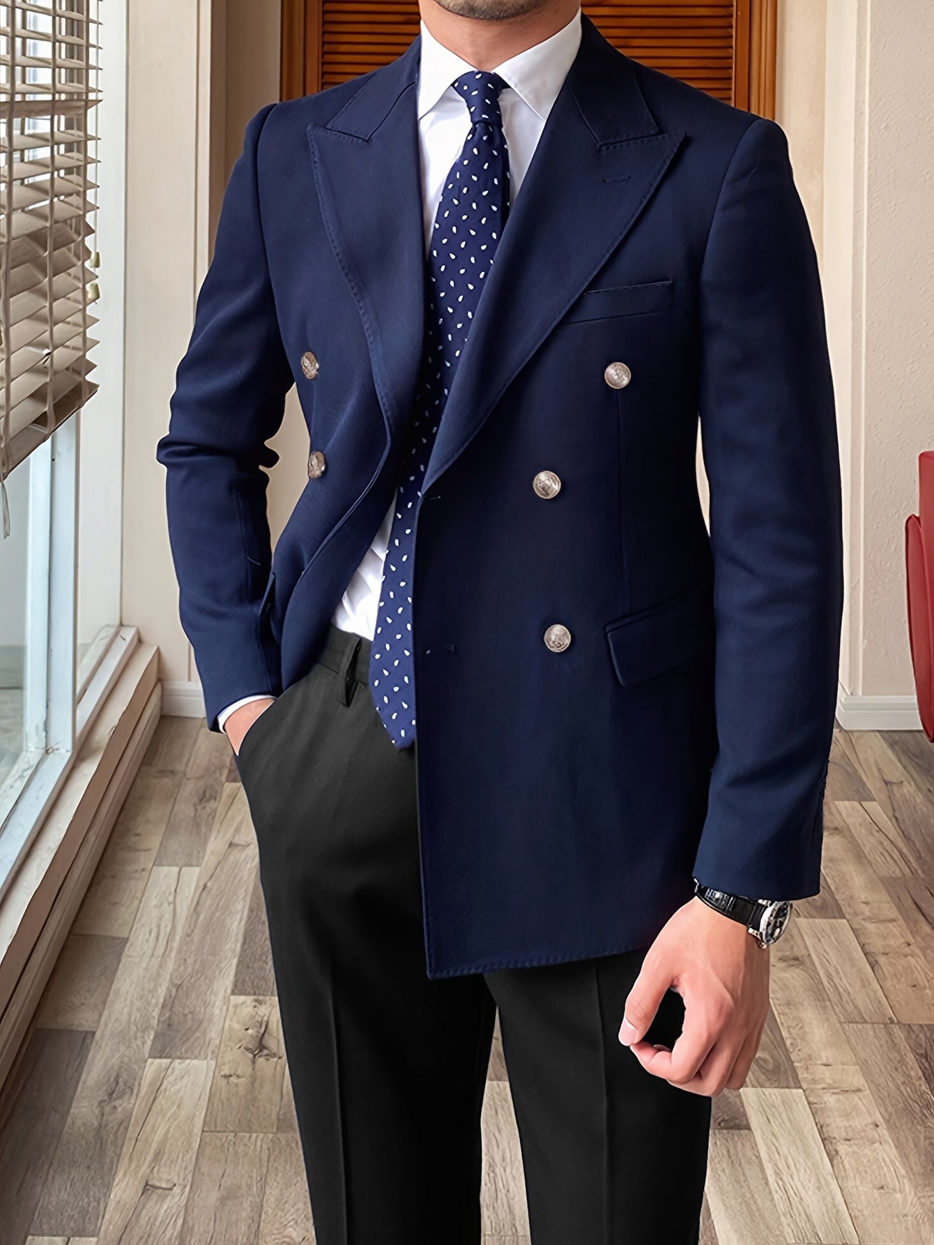 Men's Elegant Double-Breasted Blazer - British Preppy Style, Polyester & Viscose, Hand Washable - Perfect for Business or Casual Wear