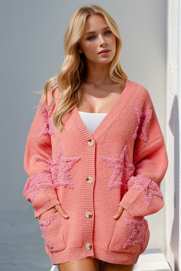 Double Take Full Size Button Up Star Pattern Cardigan - MyEmpired