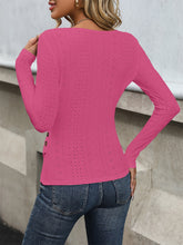Surplice Neck Eyelet Skinny Top, Elegant Side Button Long Sleeve Top For Spring & Summer, Women&