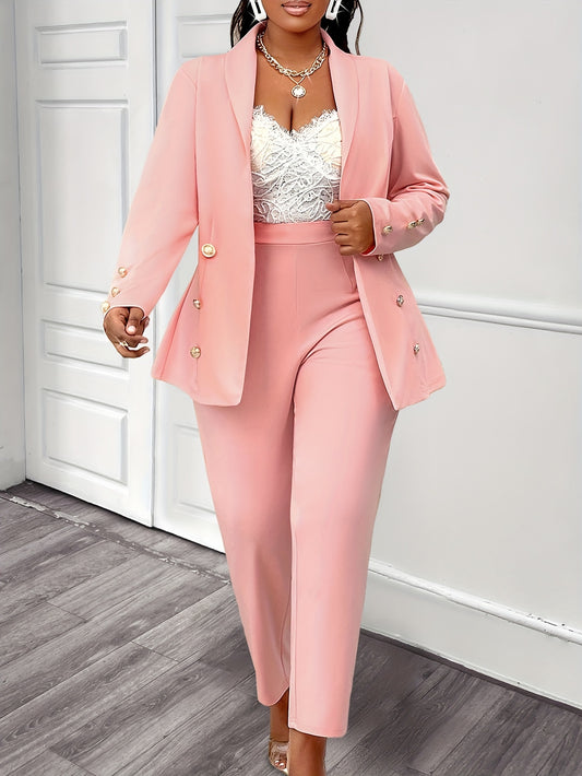 Plus Size Women's Suit Set, Elegant Solid Color Blazer and Trousers, Polyester Knit Fabric, Long Sleeve, Button Detail, Stretchy, Autumn/Winter Collection