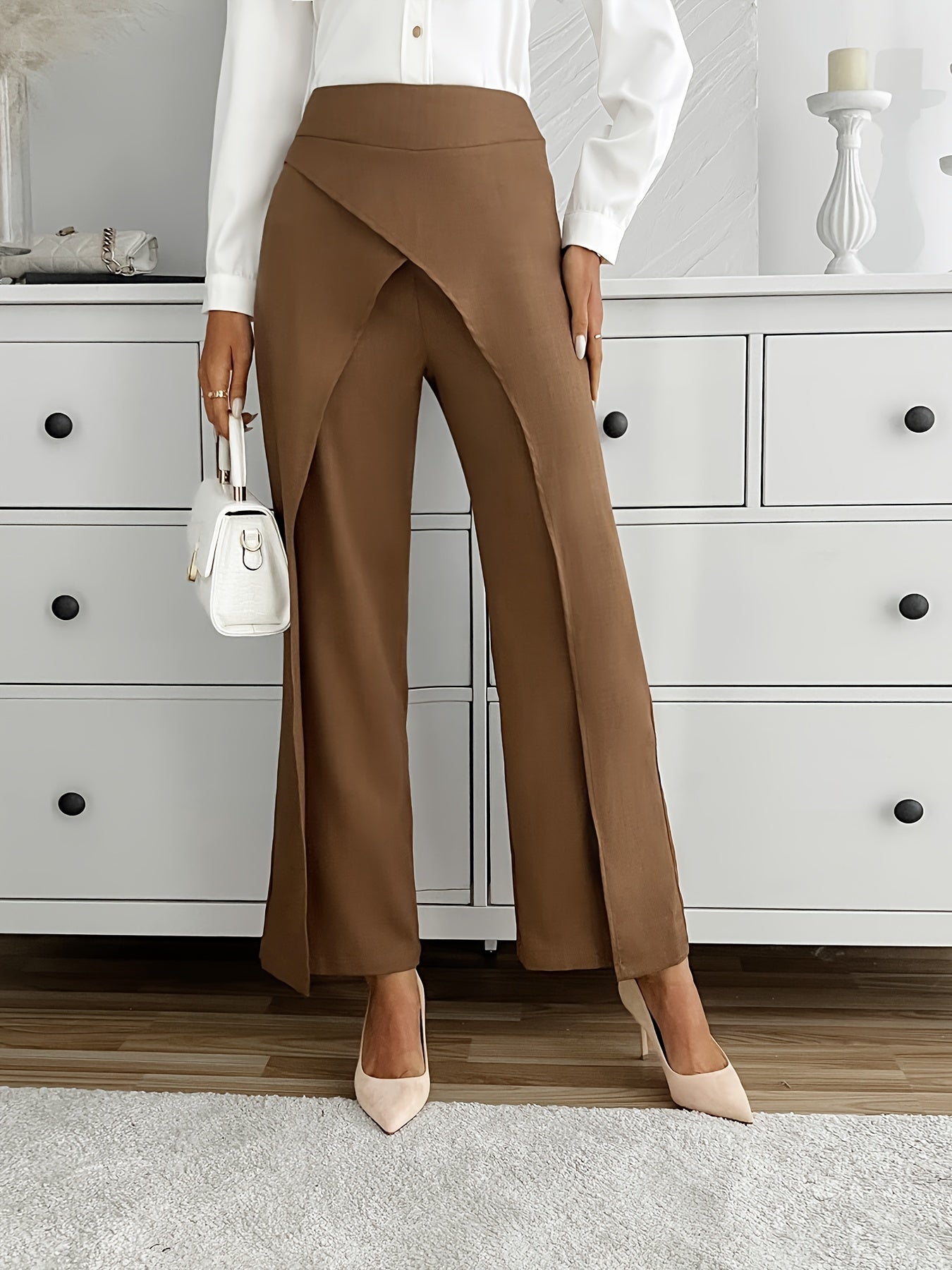 Solid Wide Leg Layered Pants, Elegant High Waist Loose Pants For Spring & Summer, Women's Clothing