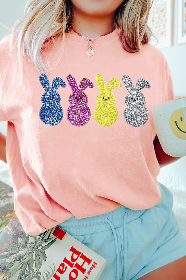 Sequin Bunny Round Neck Short Sleeve T-Shirt - MyEmpired