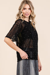 GeeGee Round Neck Drop Shoulder Mesh Glitter Top - MyEmpired