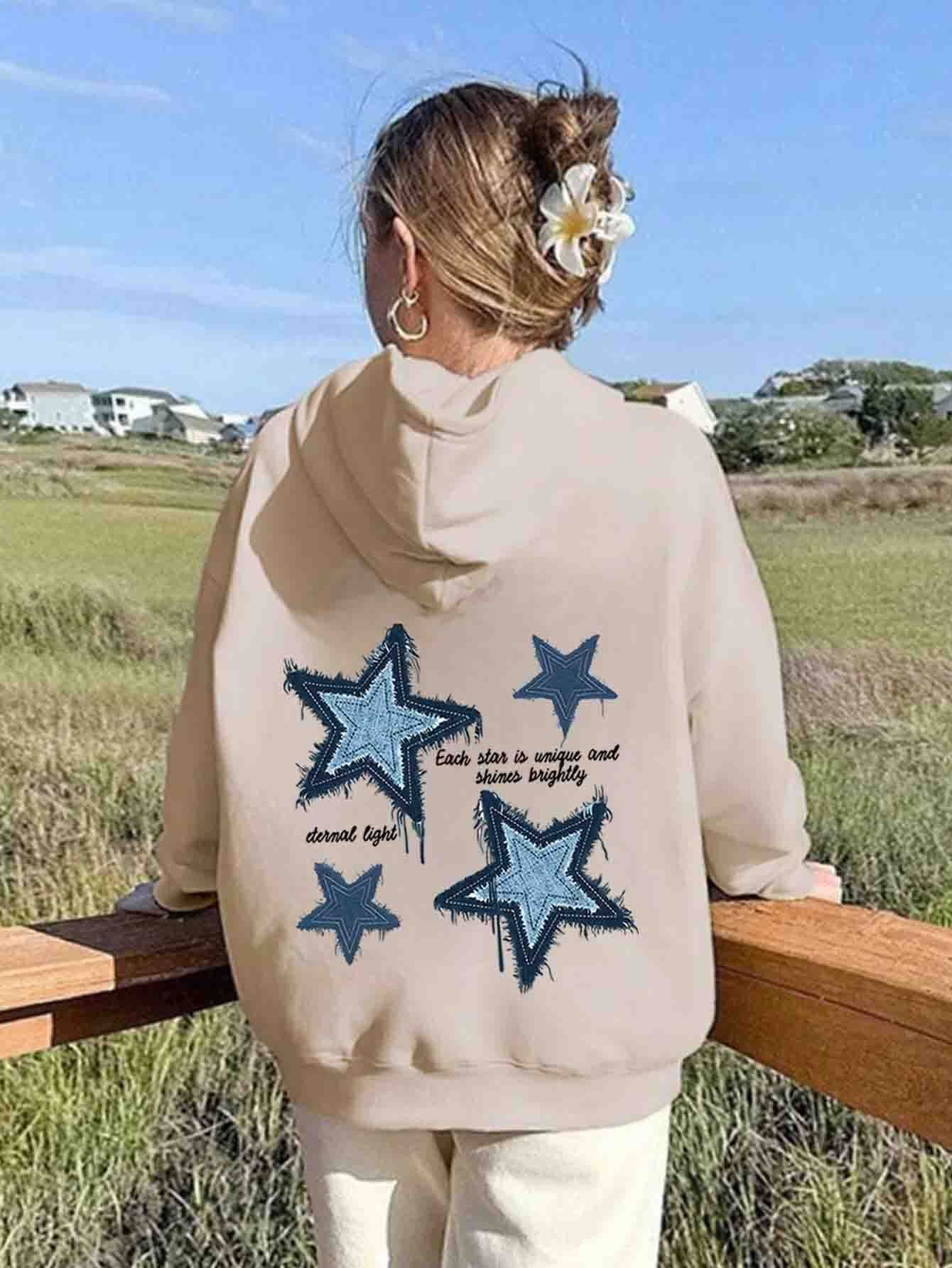 Girls' Cozy Apricot Hoodie with Star Print - Casual Long Sleeve Pullover, Perfect for Fall & Spring