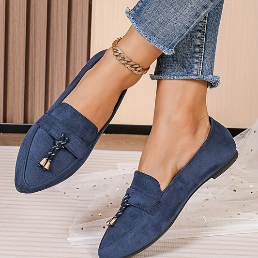 Women's Slip-On Flats - Casual Pointed Toe, Soft Sole Loafers with Tassel Detail, Comfortable All-Season Shoes