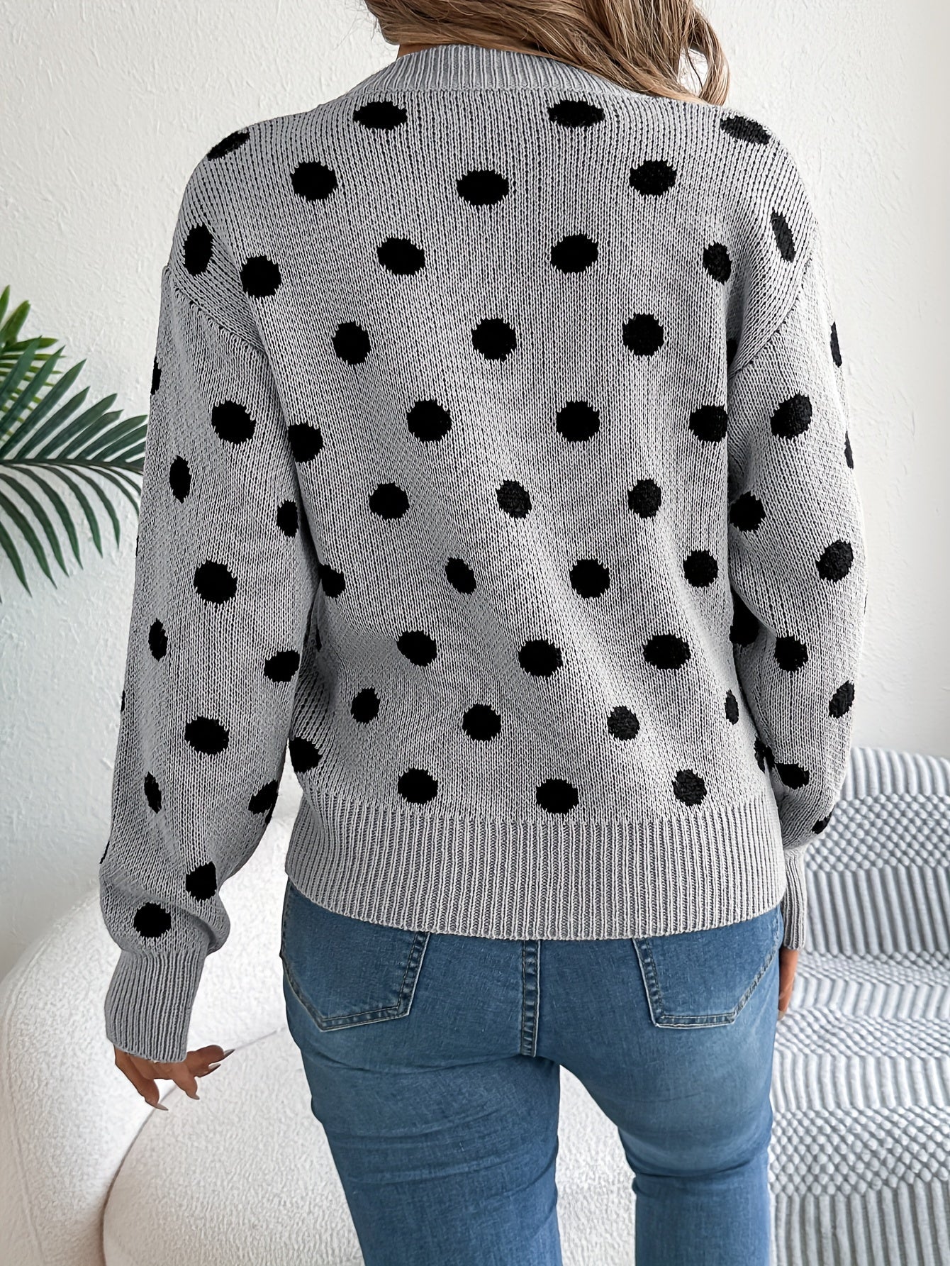 Women's Autumn Winter Knit Long Sleeve Crew Neck Sweater With Dot Pattern, Soft Acrylic Fabric, Elegant Casual Wear