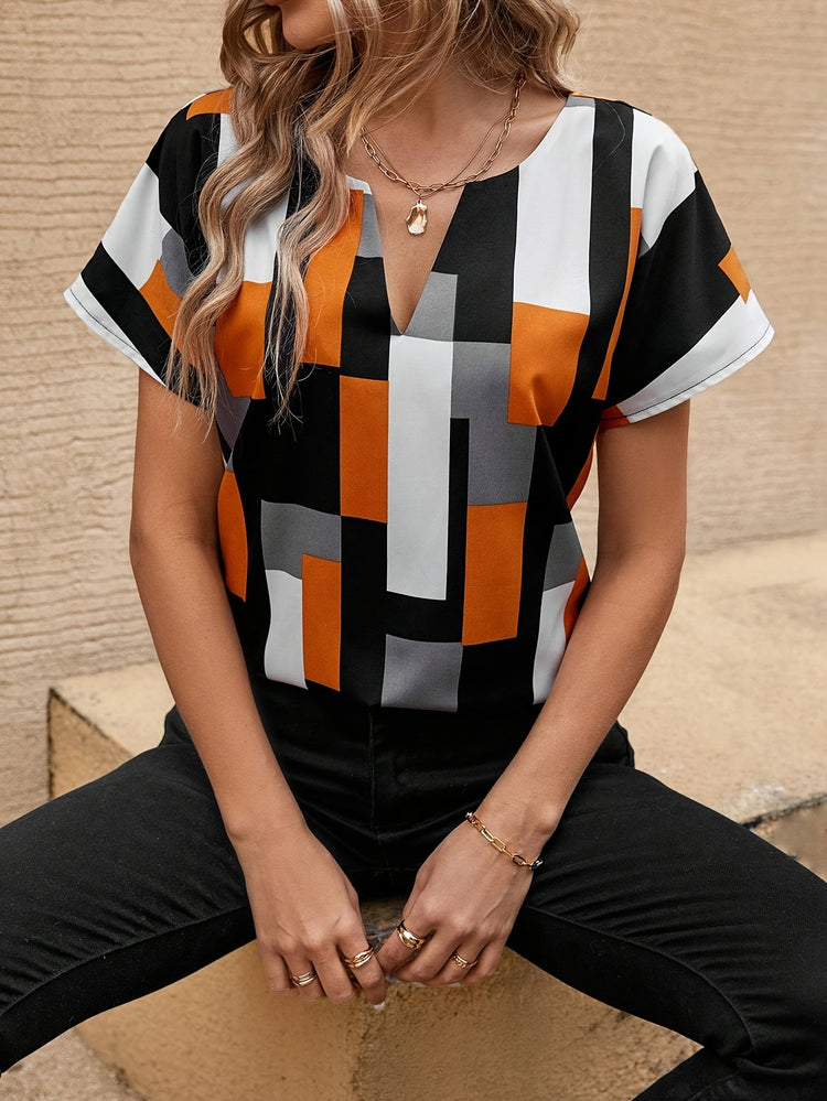 Geo Print Notched Neck Blouse, Elegant Short Sleeve Blouse For Spring & Summer, Women&