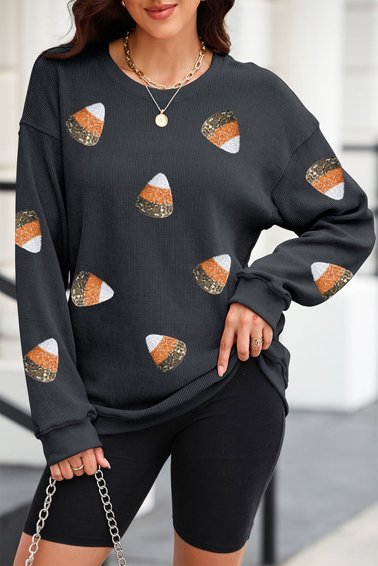 Sequin Round Neck Long Sleeve Sweatshirt - MyEmpired