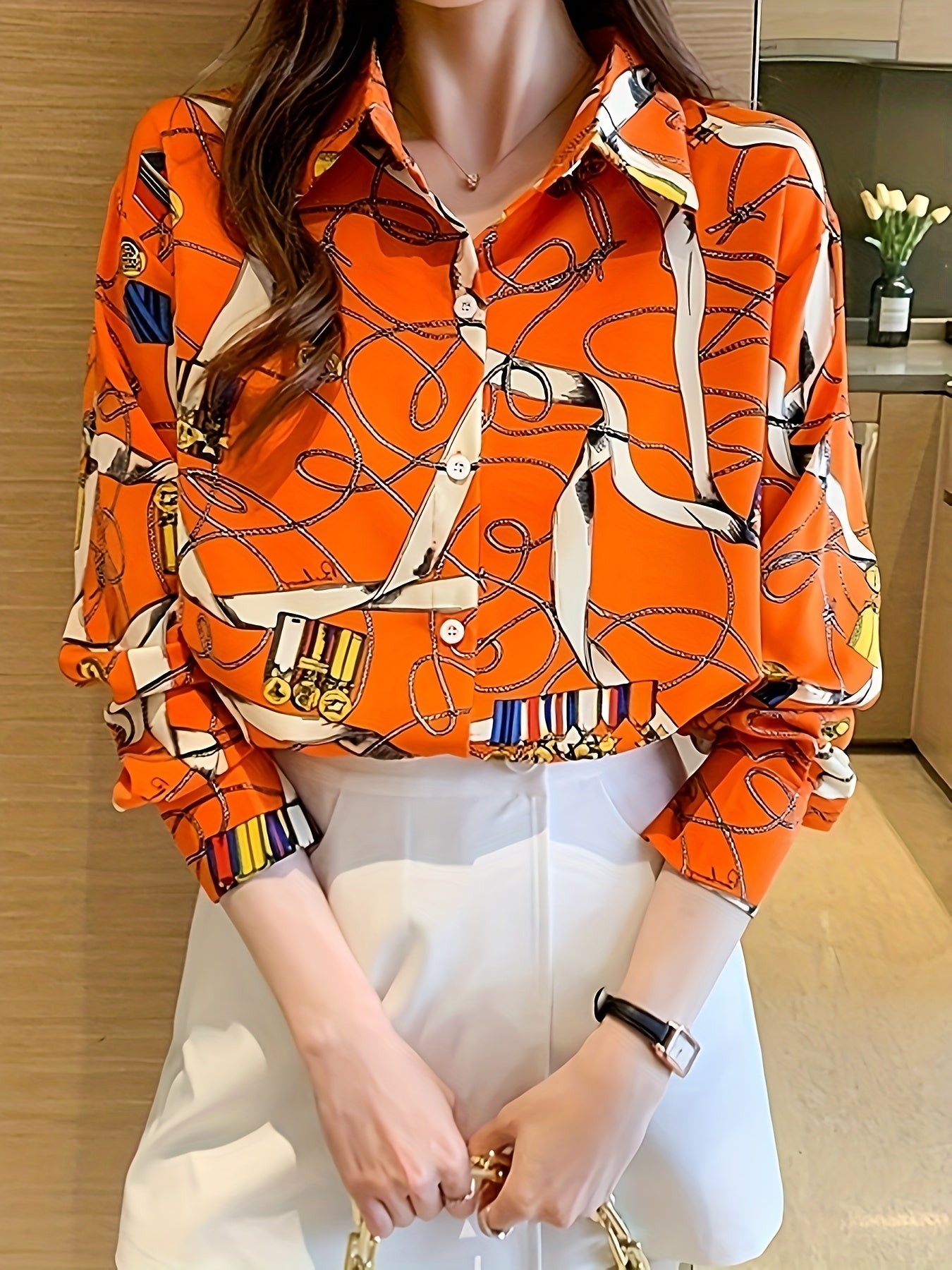 Graphic Print Button Front Shirt, Casual Long Sleeve Shirt For Spring, Women's Clothing