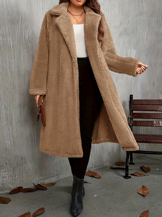 Elegant Solid Color Long Sleeve Jacket for Women - Chic Lapel Collar, Casual Long Coat for Fall/Winter, Machine Washable