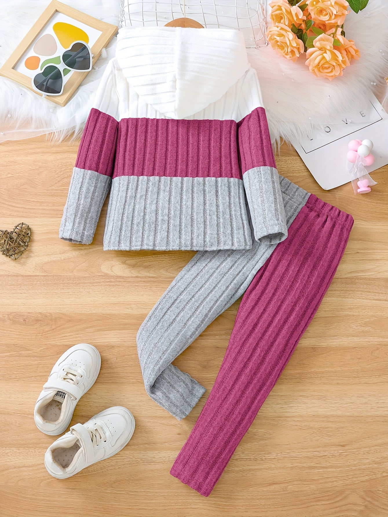 Girls' 2-Piece Set, Spring/Autumn Knitted Hoodie and Solid Color Ribbed Pants, Casual Color Block Long Sleeve Pullover with Stretch Fabric, Regular Fit, Polyester & Spandex Blend, For Outdoor