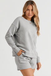 Double Take Full Size Texture Long Sleeve Top and Drawstring Shorts Set - MyEmpired