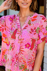 Printed Notched Short Sleeve Top - MyEmpired