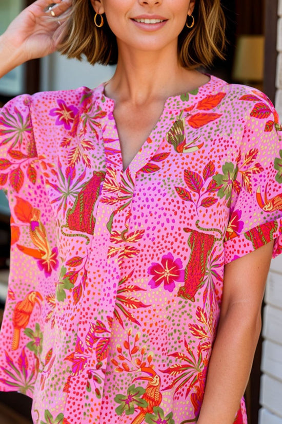Printed Notched Short Sleeve Top - MyEmpired