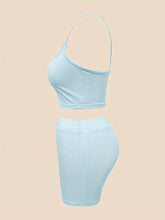 Sexy Slim Fit Solid Color Shorts Set, Plunging Crop Cami Top & High Waist Biker Shorts, Women&