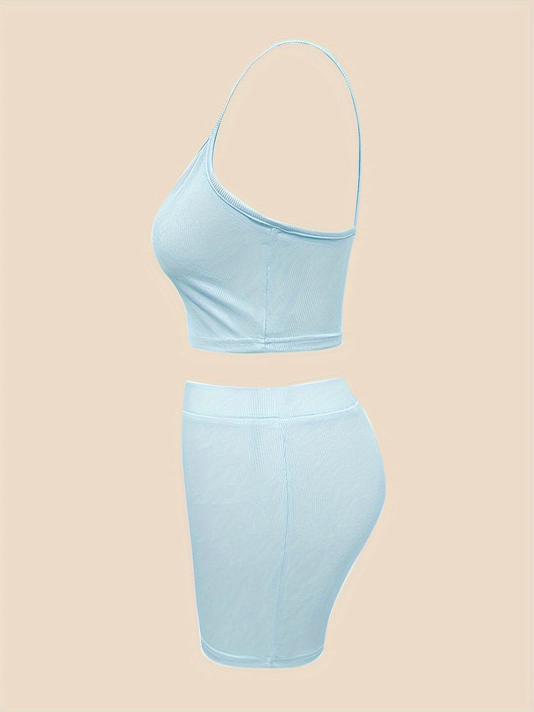 Sexy Slim Fit Solid Color Shorts Set, Plunging Crop Cami Top & High Waist Biker Shorts, Women&
