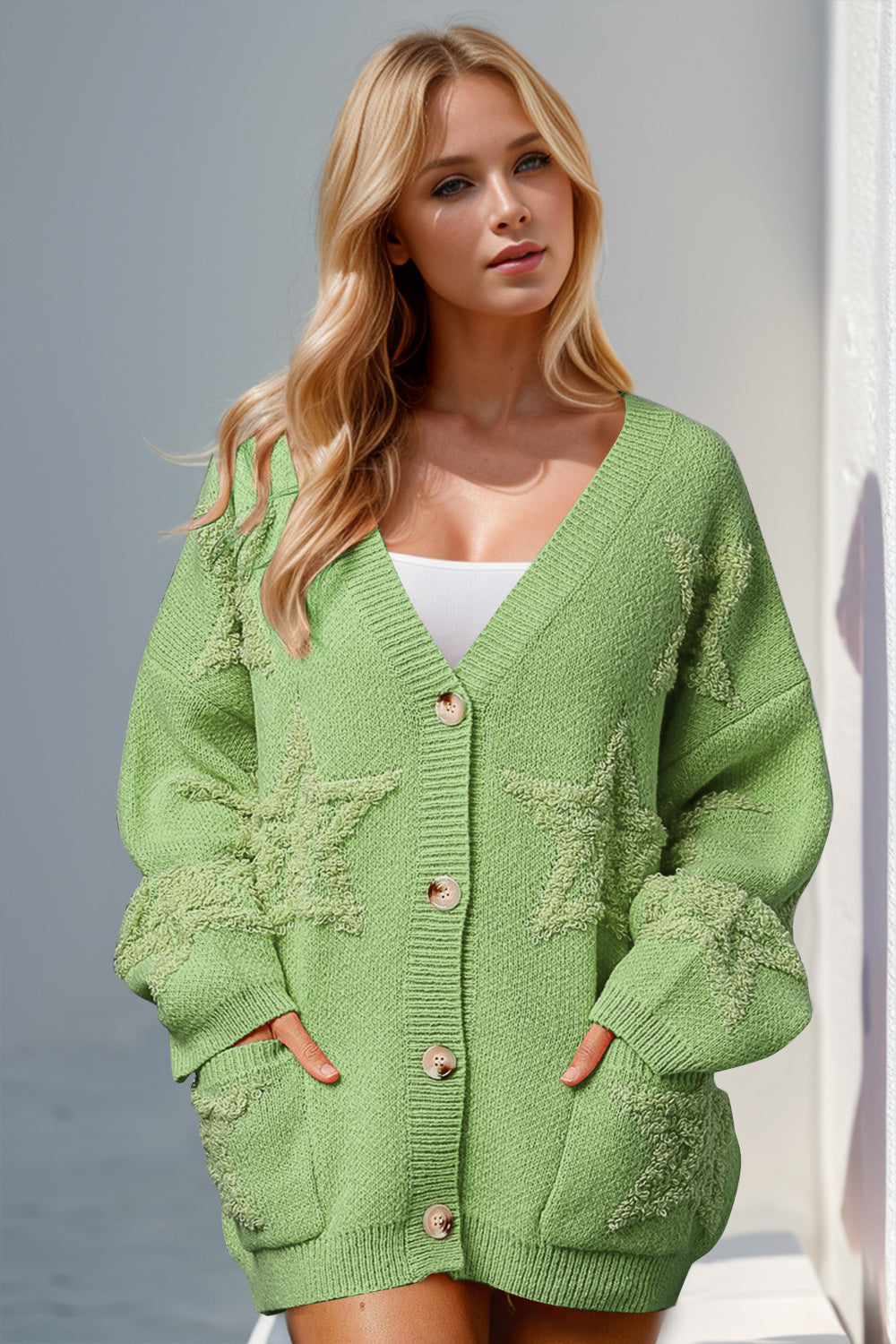 Double Take Full Size Button Up Star Pattern Cardigan - MyEmpired