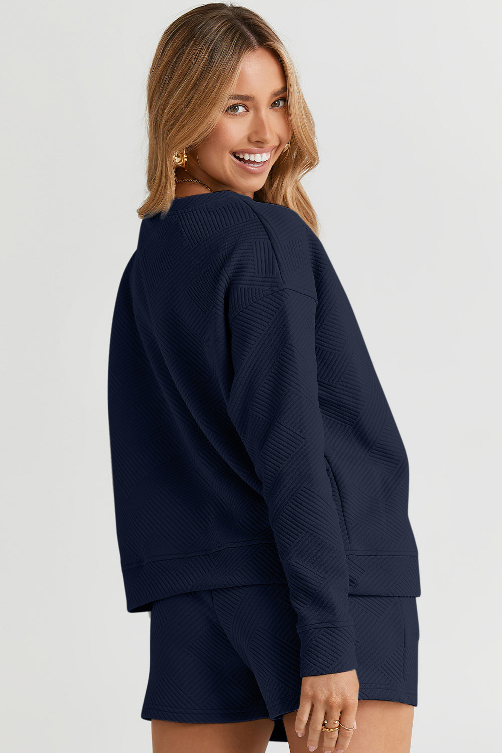 Double Take Full Size Texture Long Sleeve Top and Drawstring Shorts Set - MyEmpired