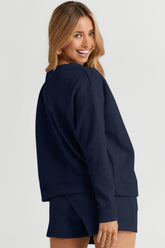 Double Take Full Size Texture Long Sleeve Top and Drawstring Shorts Set - MyEmpired
