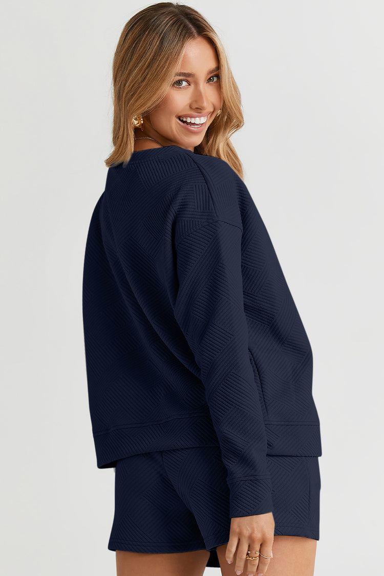 Double Take Full Size Texture Long Sleeve Top and Drawstring Shorts Set - MyEmpired