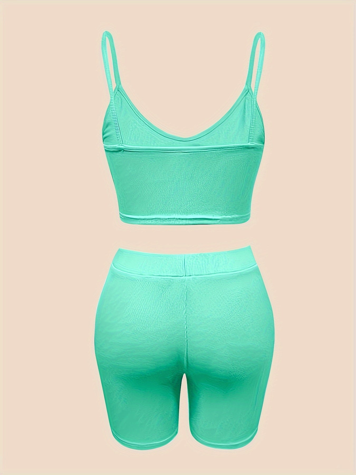 Sexy Slim Fit Solid Color Shorts Set, Plunging Crop Cami Top & High Waist Biker Shorts, Women&