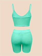 Sexy Slim Fit Solid Color Shorts Set, Plunging Crop Cami Top & High Waist Biker Shorts, Women&