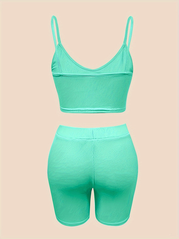 Sexy Slim Fit Solid Color Shorts Set, Plunging Crop Cami Top & High Waist Biker Shorts, Women&