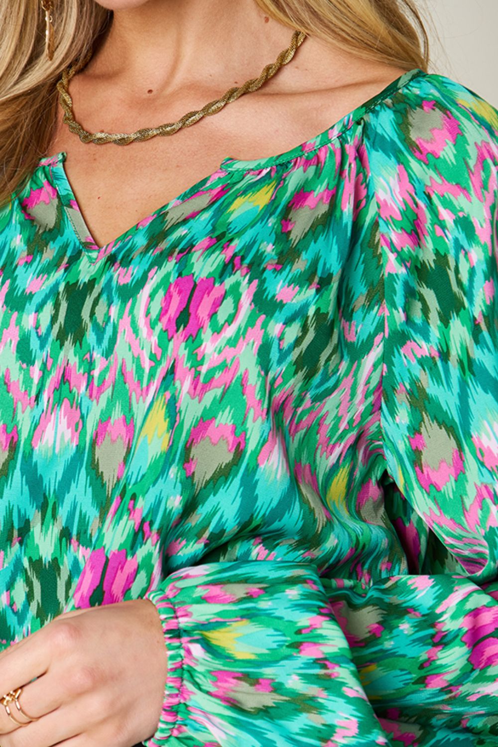 Double Take Full Size Printed Balloon Sleeve Blouse - MyEmpired