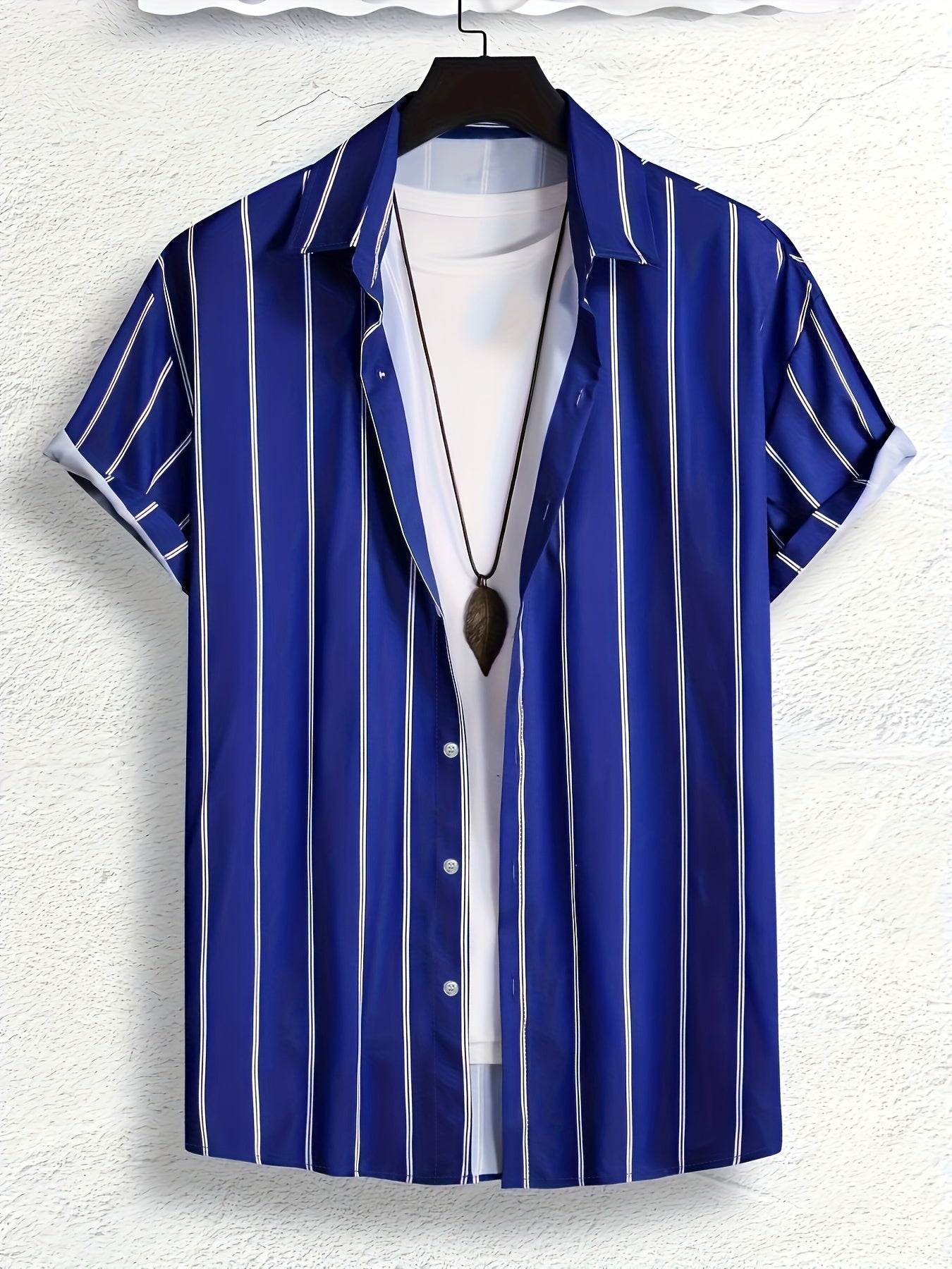 Men's Striped Short Sleeve Lapel Shirt Top, Casual Button Up Shirt For Summer Daily Wear And Vacation Resorts