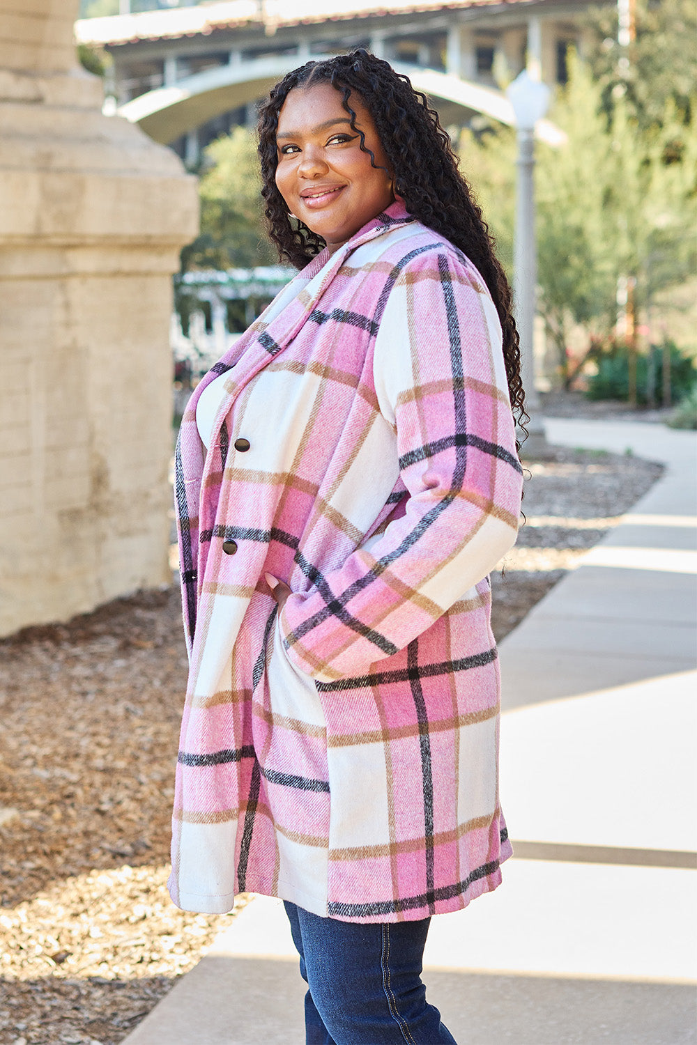 Double Take Full Size Plaid Button Up Lapel Collar Coat - MyEmpired