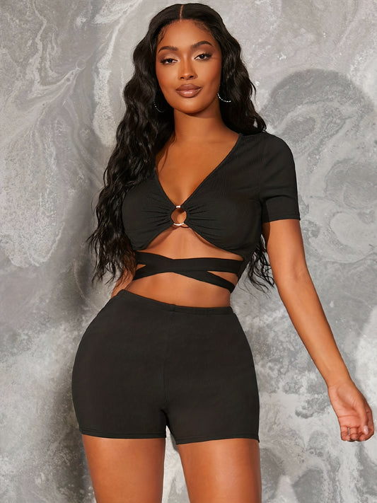 Sexy Matching Two-piece Set, Ring Linked Crop Top & Skinny Shorts Outfits, Women's Clothing