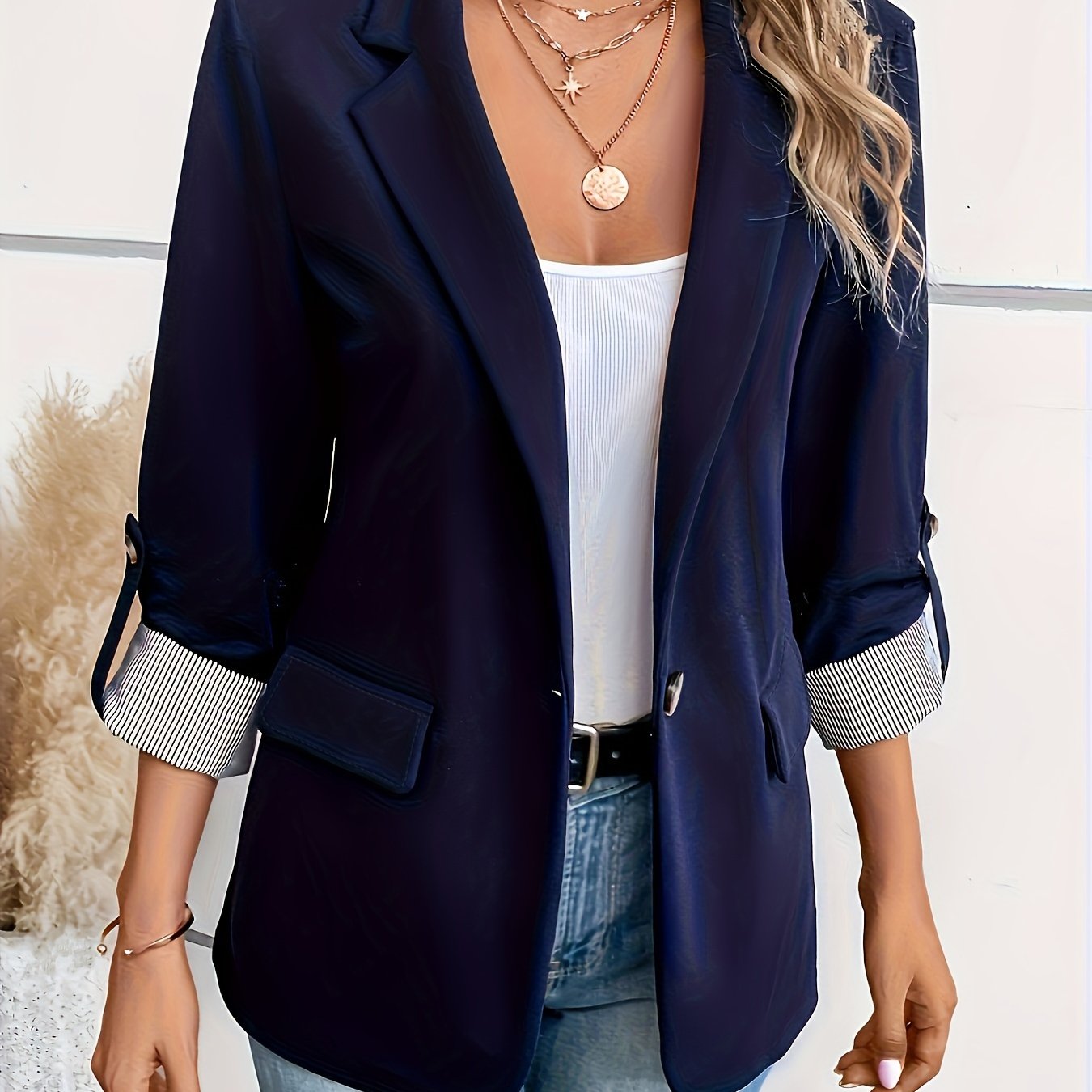 Notched Collar Button Front Blazer, Elegant Long Sleeve Blazer For Office & Work, Women&